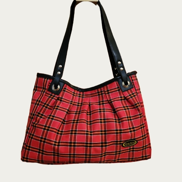 GRUNGE  90's Vintage Red and Black Capacious Tartan Tote with Pleated Design EUC - Picture 1 of 17